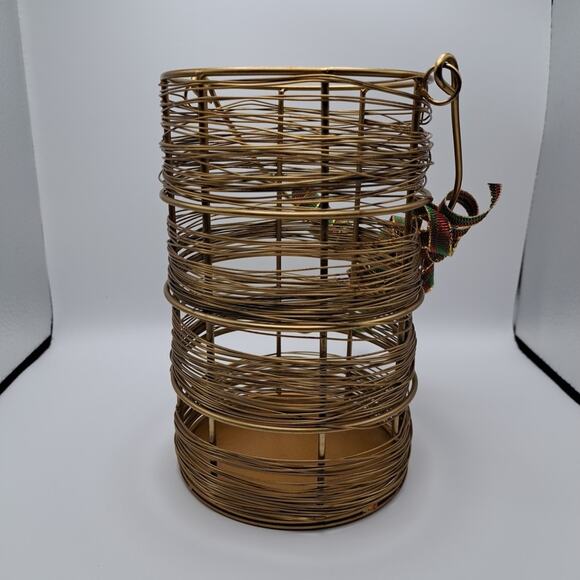 Gold Tone Wire Hurricane Candle Holder with Handle Removable Ribbon Home Decor - Picture 3 of 8